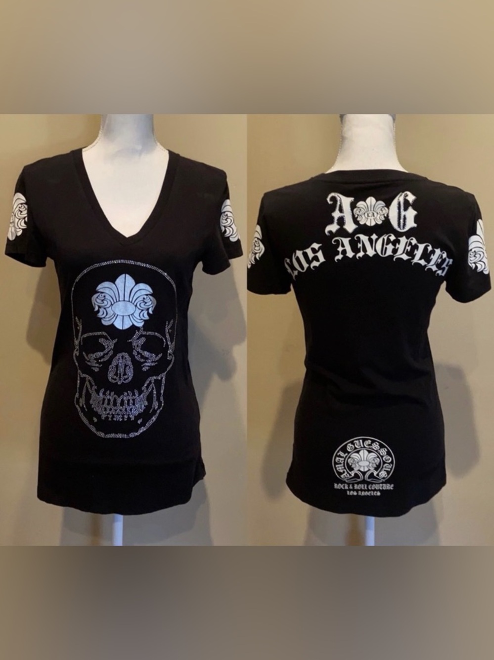 A&G Amal Guessous Crystal Skull Tee Shirt V-Neck Top